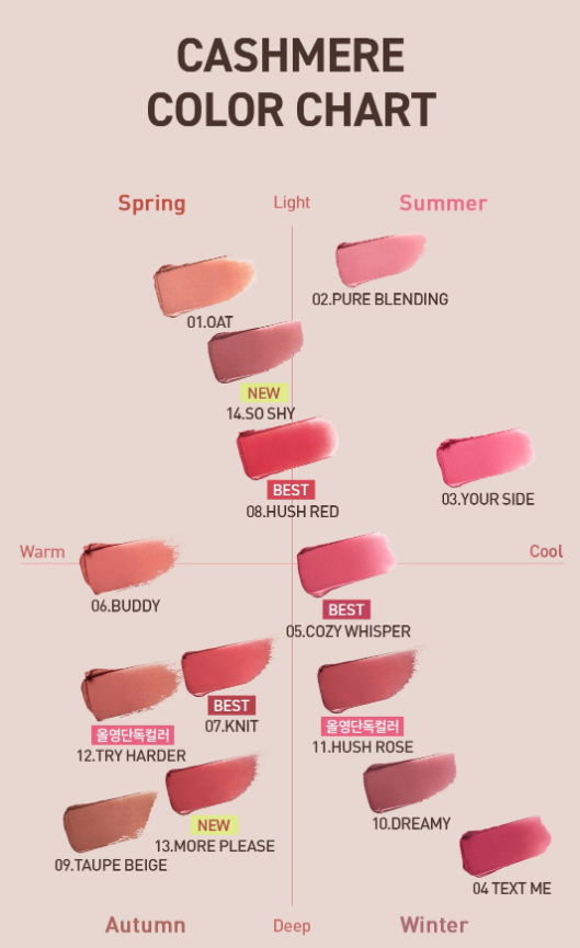 3CE Cashmere Hug Lipsticks color chart