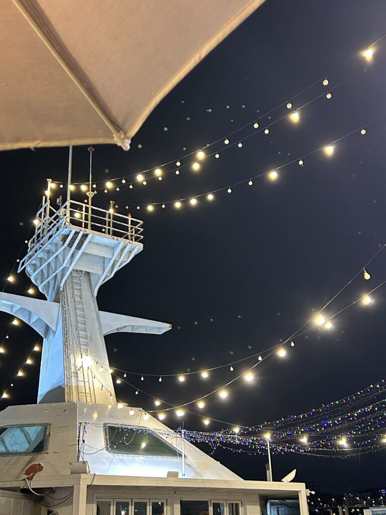 Seoul Travel Guide: Outdoor dining tables and seating areas setup for eating instant ramyeon at the Apgujeong section of Jamwon Han River Park in Seoul.