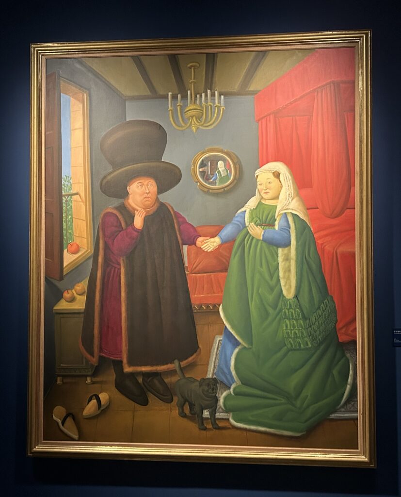 Fernando Botero Exhibition Seoul: Botero parodies "The Arnolfini Portrait" by Jan van Eyck through the definitive lens of Boterismo.