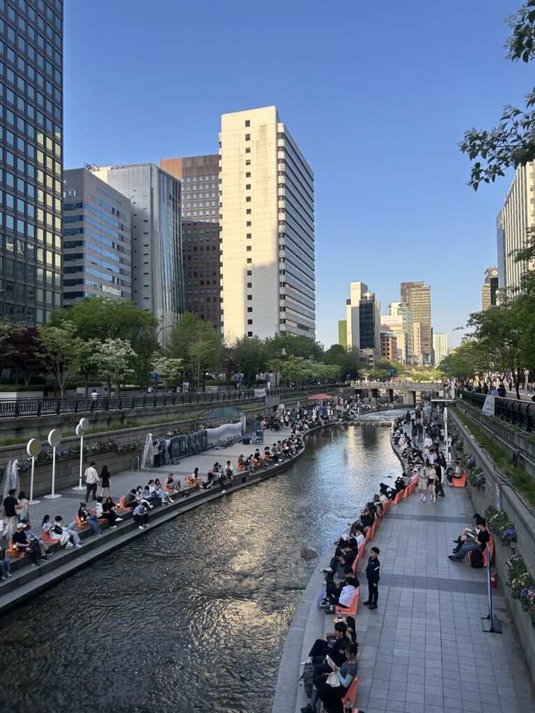 Seoul Travel Guide: A scenic view of Cheonggyecheon Stream in downtown Seoul during early summer, featuring flowing water and stepping stones under urban bridges.