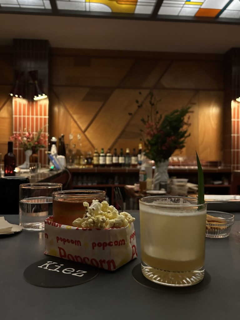 A witty and delicious signature cocktail at Bar Kiez in Gangnam, reflecting the free-spirited vibe of the bar.