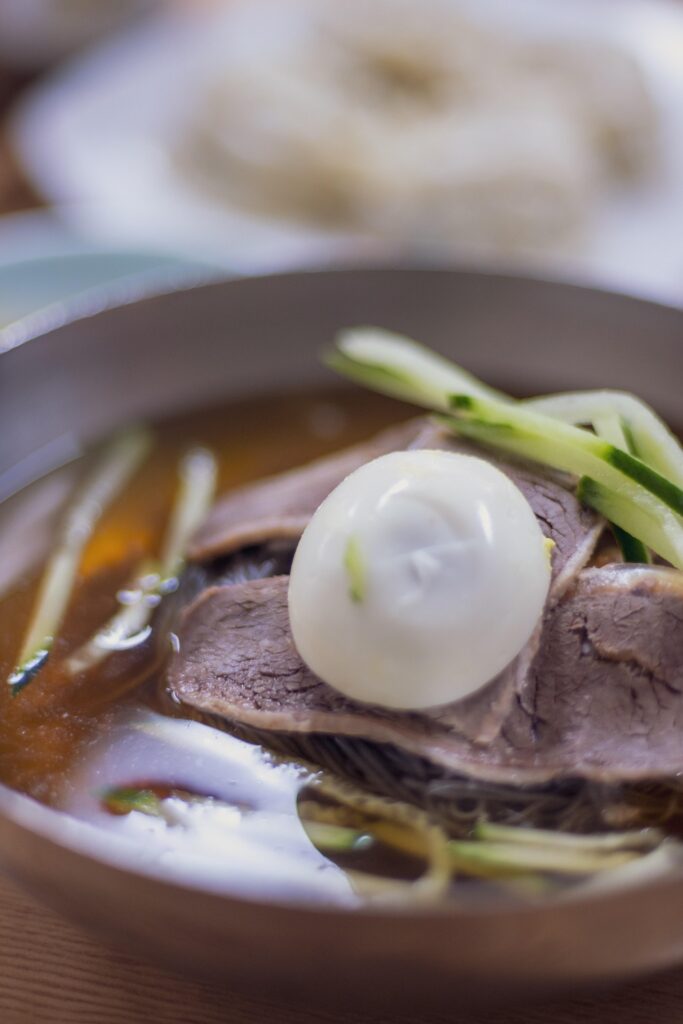 Bowl of Pyongyang Naengmyeon, the delicate and savory buckwheat noodle dish popular in Korean summer