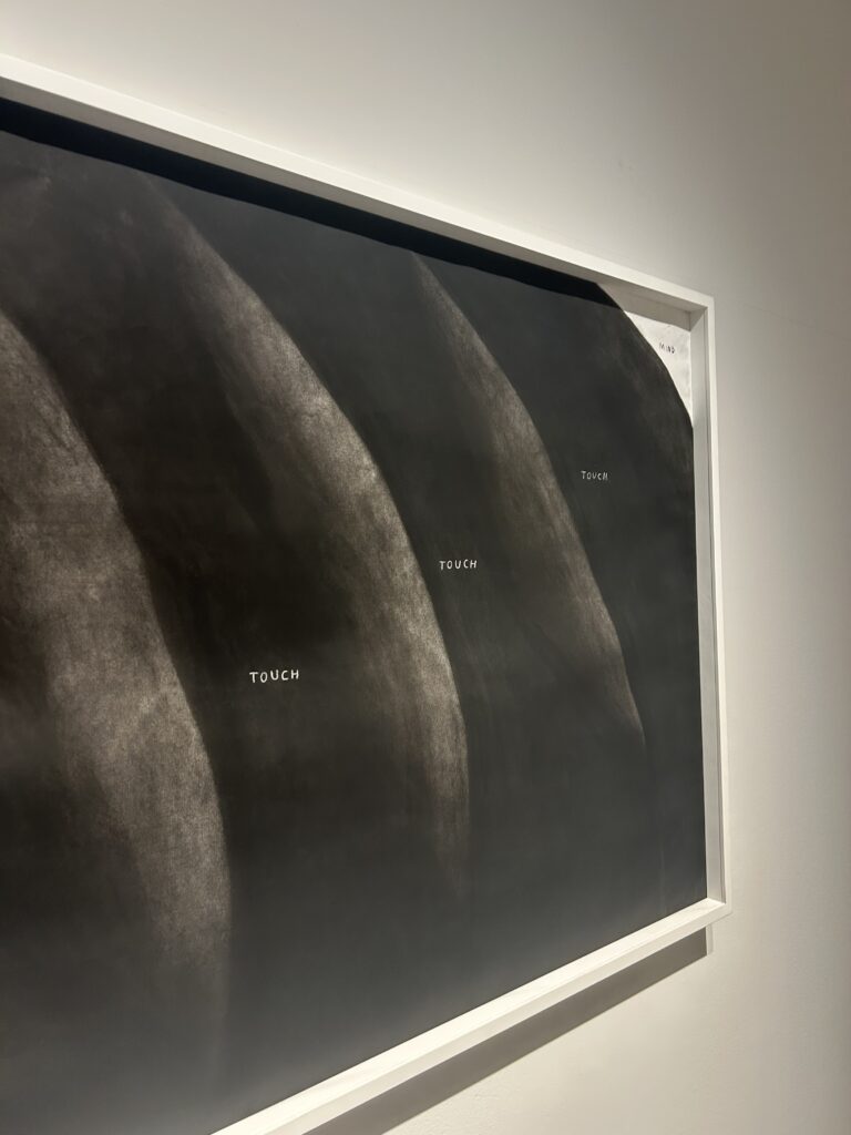 A series of vibrant, shaped-canvas paintings featuring geometric forms and musical notation by artist Christine Sun Kim, displayed in her exhibition Moon Mind at Hyundai Hwarang during Samcheong Night.